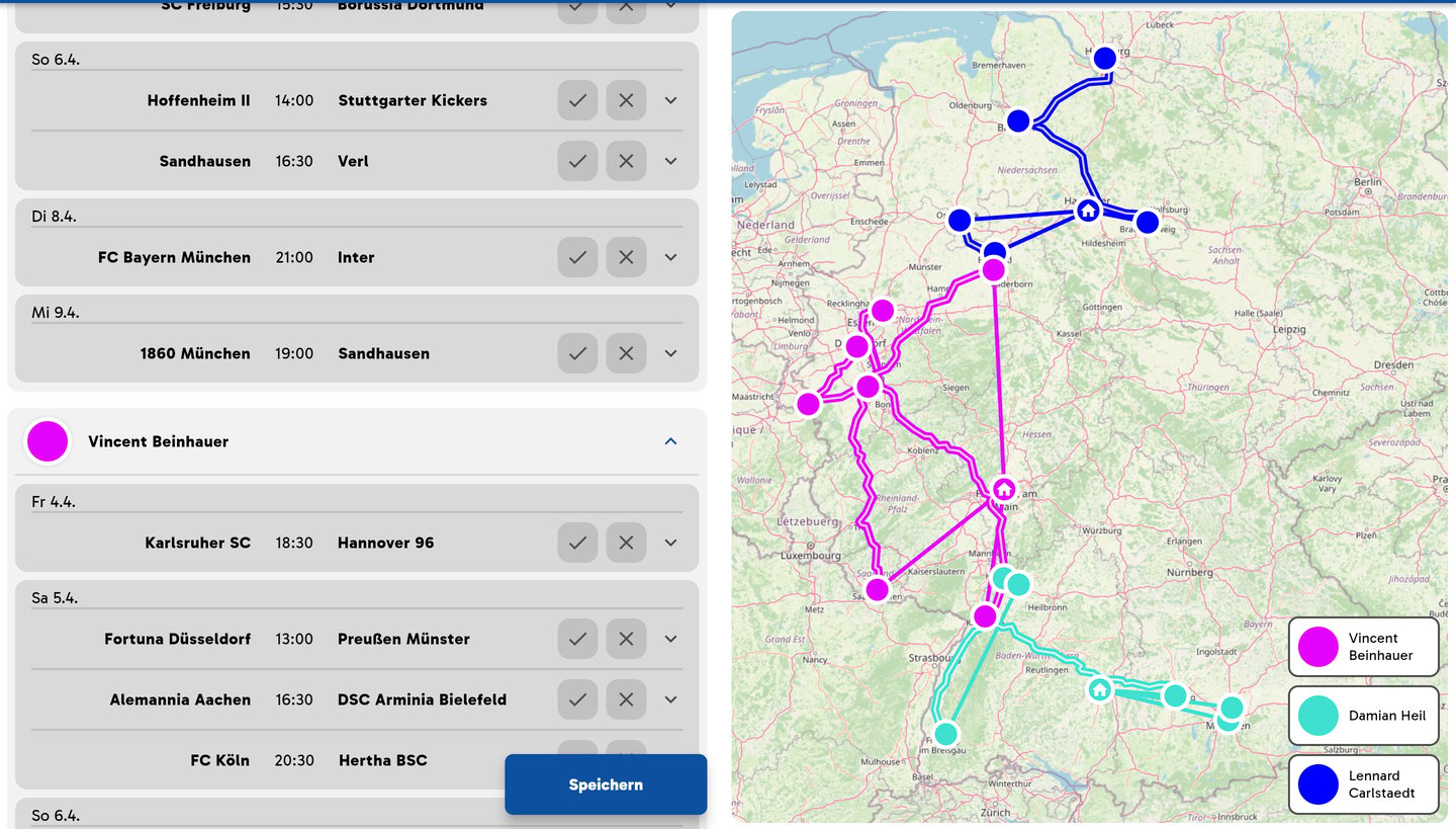 SportsRouting Spielübersicht mit Prioritäten